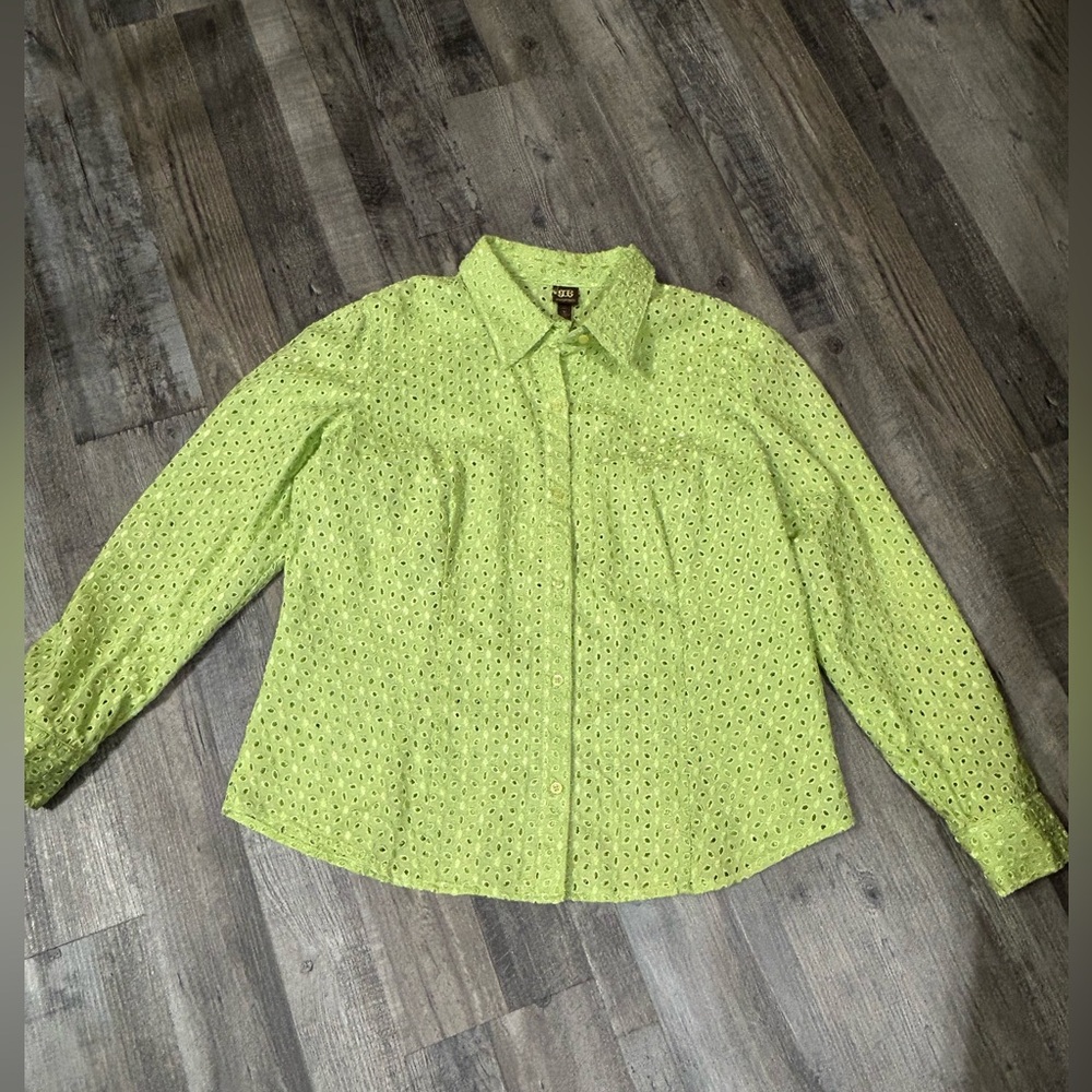 Boo Gemes Lime Green Eyelet Blouse. Approximate measurements: